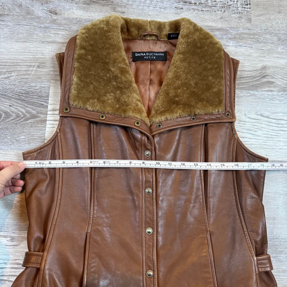 Vintage 90s Dana Buchman Brown Leather Shearling Vest Luxe Mob Wife Small - Picture 8 of 9